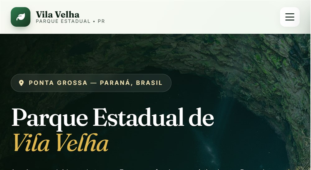 Prévia do site do Parque Estadual de Vila Velha, desenvolvido por Gabriel Kaique